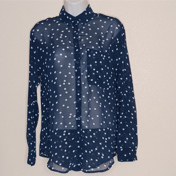 Garage Sheer Navy Polka Dot Button Down Shirt Size XS - Picture 1 of 9